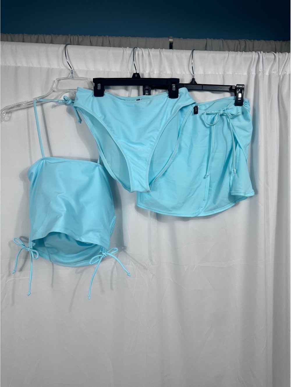 Tahari Light Blue Three-Piece Swimwear Set with Skirt Cover-Up, Top, and Bikini